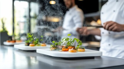 Naklejka premium Gourmet food plating, kitchen, chefs, steam