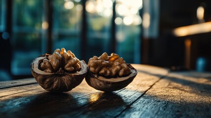Fototapeta premium Two walnut halves on wooden table, sunlight.