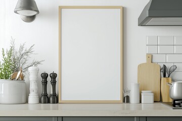 Mockup de moldura vertical em cozinha moderna com utensílios, plantas e decoração minimalista, criado com IA generativa para visualização de arte e design