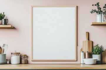 Mockup de moldura vertical em cozinha moderna com utensílios, plantas e decoração minimalista, criado com IA generativa para visualização de arte e design