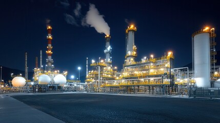 Panoramic wide angle view of an illuminated fuel refinery plant operating at night with smoking towers glowing pipelines and various industrial structures and equipment