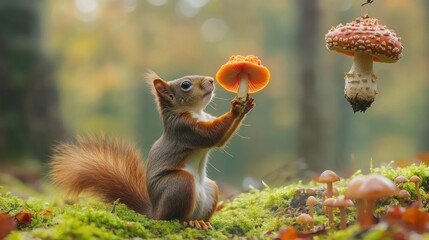 Obraz premium Curious red squirrel examining vibrant mushrooms in autumn forest.