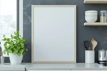 Mockup de moldura vertical em cozinha moderna com utensílios, plantas e decoração minimalista, criado com IA generativa para visualização de arte e design