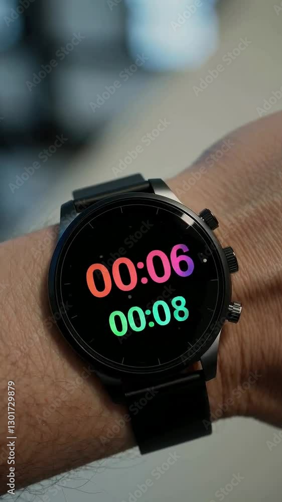 Poster digital stopwatch on smartwatch display tracking time in seconds with bright neon numbers