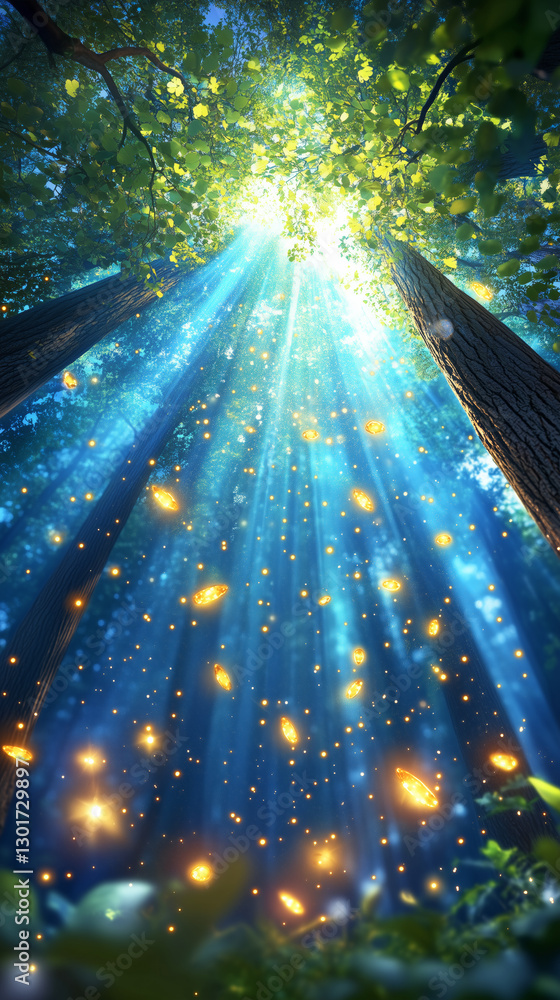 Poster sunlight streams down through the treetops, illuminating the forest floor with a warm golden glow. p