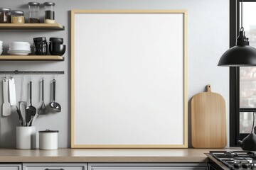 Mockup de moldura vertical em cozinha moderna com utensílios, plantas e decoração minimalista, criado com IA generativa para visualização de arte e design
