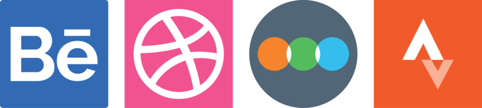 Set of logos: Dribbble, Behance, Letterboxd, Strava. Represents niche communities for design, art, books, movies, fitness.