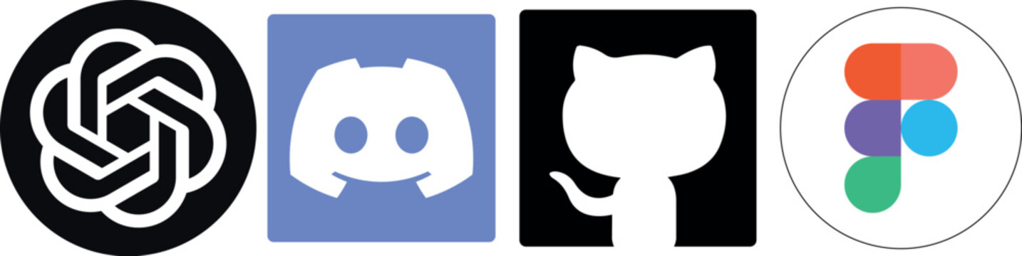 Set of logos: ChatGPT, GitHub, Discord, Figma. Represents tech tools, developer resources, AI, coding, digital innovation.