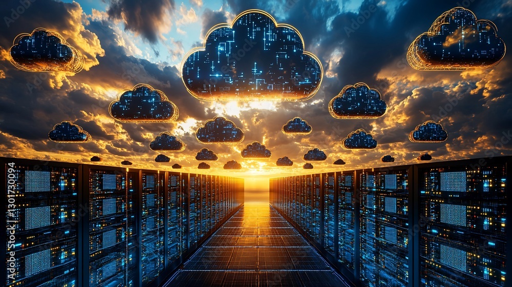 Poster futuristic cloud computing servers in data center at sunset.