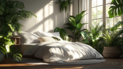 Cozy bedroom with sunlit window and lush indoor plants featuring monstera and tropical greenery in a serene minimalist setting  

