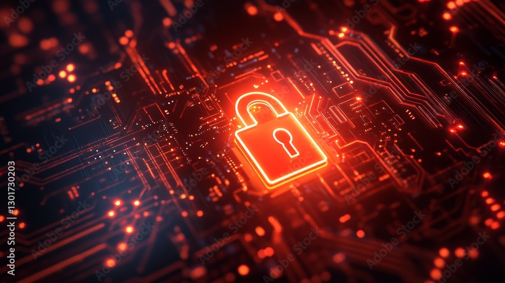 Poster unlocking the future hightech lock glowing against circuit background