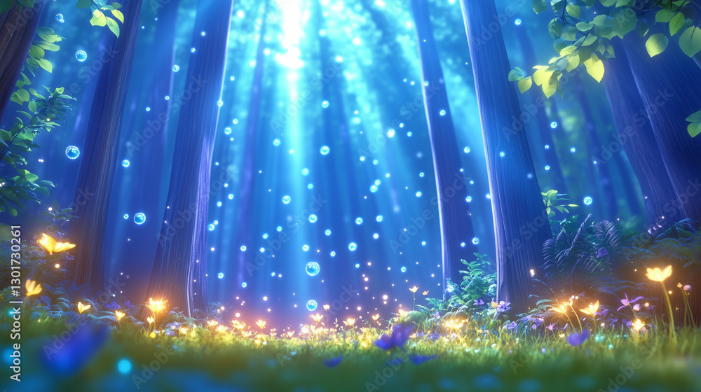 Poster soft rays of light filter through tall trees in a lush forest, casting a mystical glow on delicate f