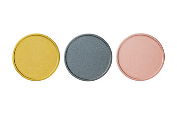 Fototapeta premium Metallic eyeshadow pans in gold, silver, and pink, cut out