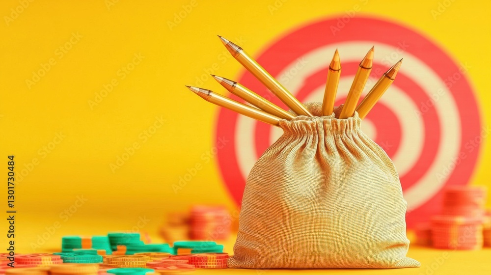 Poster vibrant 3d rendered depicting a conceptual financial target with arrows shapes and data visualizatio