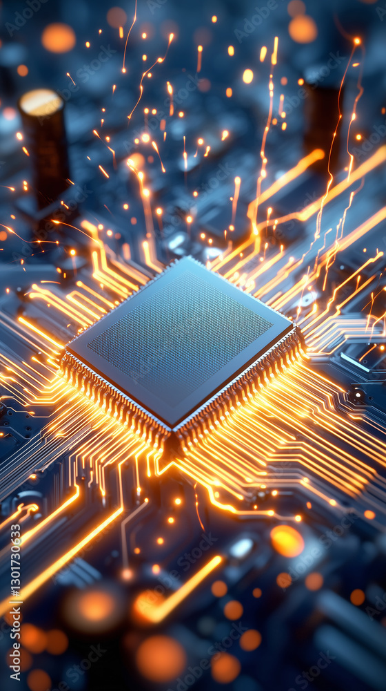 Poster a microchip sits at the center of a complex circuit board, illuminated by dynamic electric sparks th