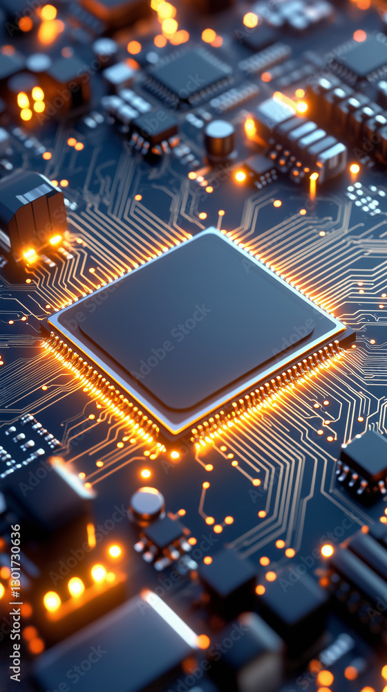 Poster close view of a circuit board highlighting a central processing unit surrounded by glowing component