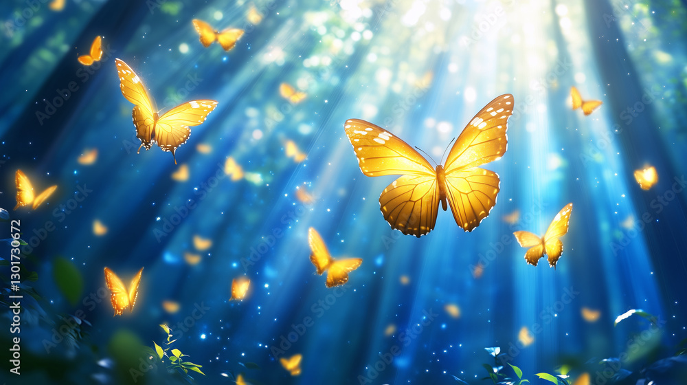 Poster a mesmerizing display of golden butterflies gracefully moving among lush greenery, illuminated by so
