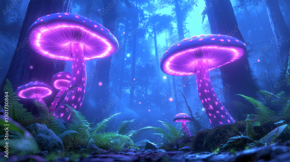 Poster in a vibrant forest at twilight, large glowing mushrooms emit a purple light. surrounding ferns enha