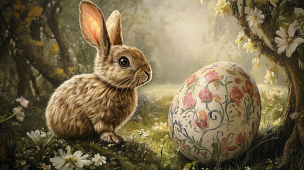 Easter Bunny with Egg in a Forest &ndash; Festive Postcard Illustration