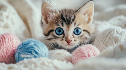 Playful kitten with big blue eyes among pastel-colored yarn balls on soft white bedding, cozy atmosphere, cute and innocent expression, sharp focus, natural lighting, copyspace.