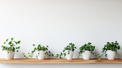 Trailing Ivy Plants in White Ceramic Pots on Wooden Shelf for Modern Indoor Decor  
