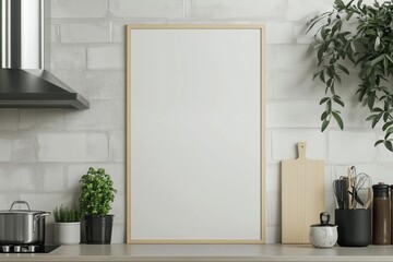 Mockup de moldura vertical em cozinha moderna com utensílios, plantas e decoração minimalista, criado com IA generativa para visualização de arte e design