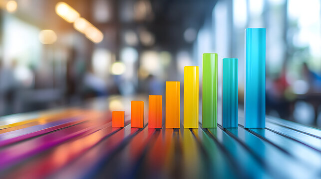 A bright and multicolored rising bar graph symbolizing financial growth, business success, and analytics