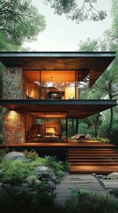 Modern forest home exterior at dusk with interior view