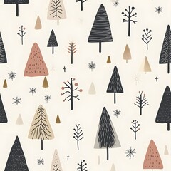 Scandinavian Style Christmas Pattern with Minimal Trees and Snowflakes in Muted Colors