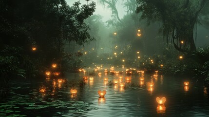Tranquil Lake with Heart-shaped Lanterns at Dusk