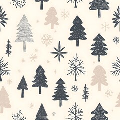 Scandinavian style Minimalist Christmas Tree and Snowflake Pattern with Muted Color Tones