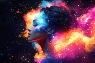 A stunning digital artwork depicting a woman's profile surrounded by vibrant cosmic colors.