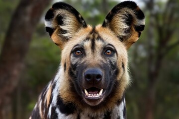 Fototapeta premium A close-up of a wild dog face looking at the camera