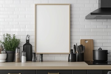 Mockup de moldura vertical em cozinha moderna com utensílios, plantas e decoração minimalista, criado com IA generativa para visualização de arte e design