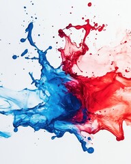 A dynamic splash of blue and red liquid paint colliding against a white background.