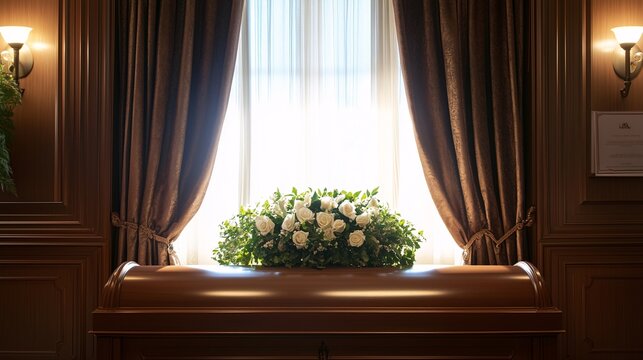 Elegant wooden casket with white flowers in a funeral setting. A solemn and respectful tribute to a loved one. Ideal for themes of loss, mourning, remembrance, and memorial services.