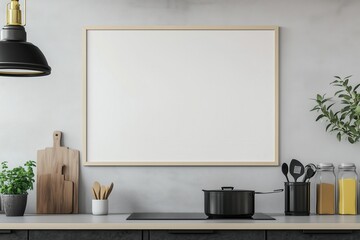 Mockup de moldura vertical em cozinha moderna com utensílios, plantas e decoração minimalista, criado com IA generativa para visualização de arte e design