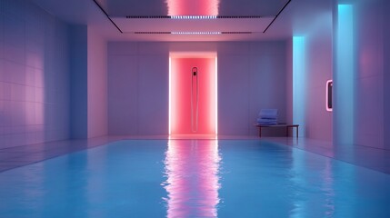 Indoor pool, pink neon lights, relaxation, modern design, wellness retreat