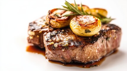 Grilled steak and garlic confit gourmet restaurant food photography contemporary dining close-up culinary artistry