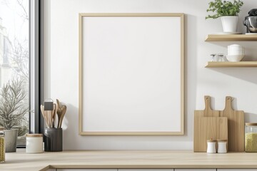 Mockup de moldura vertical em cozinha moderna com utensílios, plantas e decoração minimalista, criado com IA generativa para visualização de arte e design