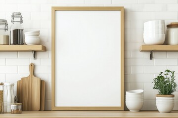 Mockup de moldura vertical em cozinha moderna com utensílios, plantas e decoração minimalista, criado com IA generativa para visualização de arte e design