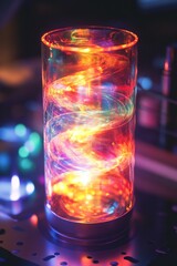 Glowing spiral glass with colorful illuminating lighting.