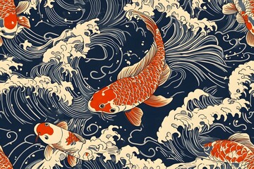 Vibrant Japanese Inspired Koi Fish and Wave Pattern in Traditional Ukiyo e Style Art