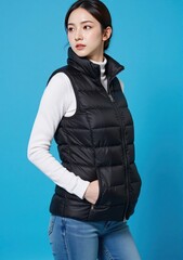 confident woman strikes a seductive pose, wearing a chic winter coat with faux fur trim, paired with sleek leather pants and ankle boots. The blue background highlights her bold stance