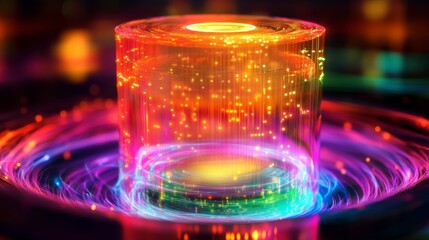 Digital fiber optics illustration with glowing colorful lights.