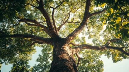 Fototapeta premium Majestic tree with lush green leaves serene forest nature photography vibrant landscape eye-level view natural beauty