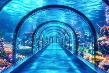 Underwater aquarium tunnel with colorful coral and marine life