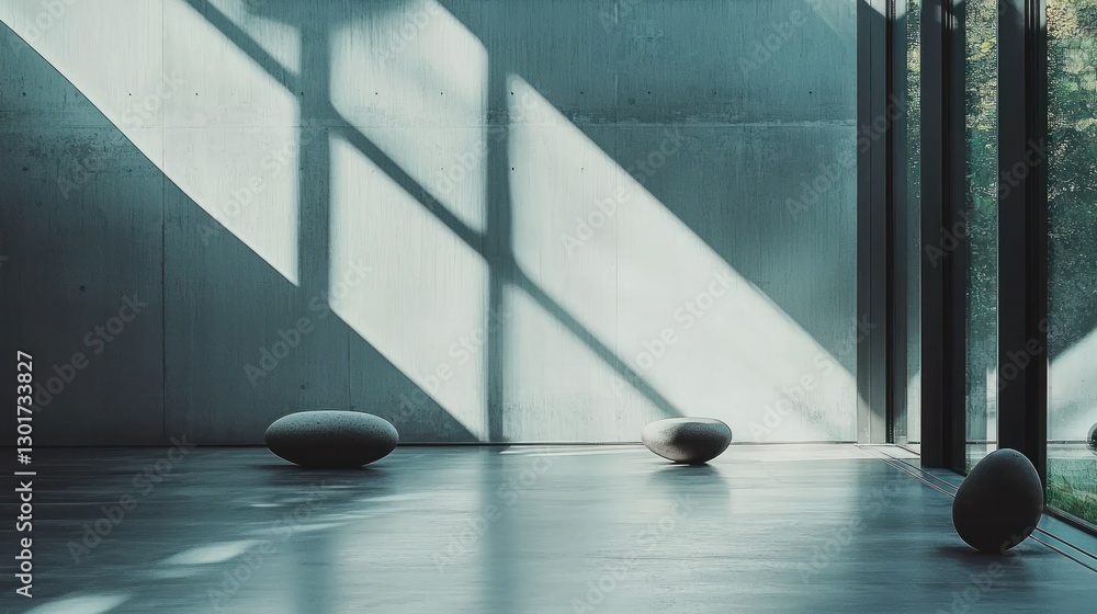 Poster sunlit minimalist room with three stone-like objects.