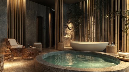 Luxury Panda-Themed Hotel Room with Bamboo Bathtub and Handcrafted Furniture in Tranquil Forest Ambience