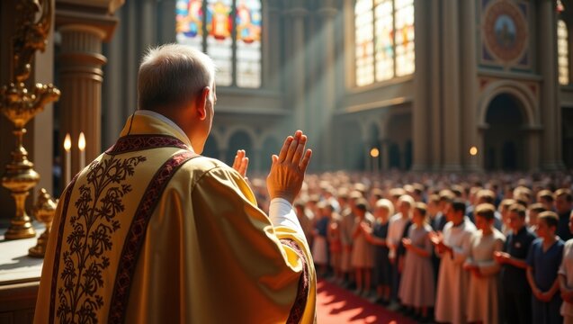 Obispo con t&uacute;nica dorada bendiciendo a una congregaci&oacute;n dentro de una gran catedral, vista desde atr&aacute;s
